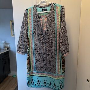 Hale Bob Black and Aqua Geometric Midi Dress